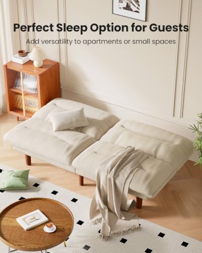 Image of Amada 66 inch Convertible Futon Sofa Bed, Corduroy Folding Futon Set with Adjustable Backrest &Armrests, Recliner Lounge for Living Room, Apartment or Office, Solid Wood Frame, Loveseat Sofa - White