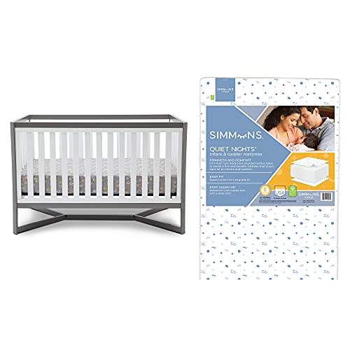 Image of Delta Children Tribeca 4-in-1 Baby Convertible Crib + Simmons Kids Quiet Nights Crib and Toddler Mattress Made from Recycled Water Bottles/GREENGUARD Gold Certified [Bundle], White/Grey