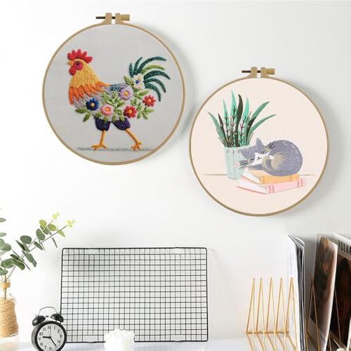 Image of Esffaci Embroidery Starter Kit for Adult Beginner with Funny Rooster Flowers Pattern Hand Embroidery Set with Cloth Hoop Needle Threader Floss and Instruction
