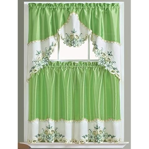GOHD Arch Floral Kitchen Curtain Set/Swag Valance & Tier Set. Nice Matching Color Floral Embroidery on Border with cutworks (Greenery) Cover
