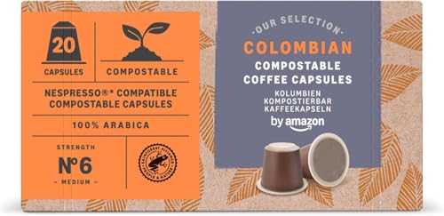 by Amazon Compostable Coffee Copsules Compatible with Nespresso, 100% Colombian Arabica, 20 Count- Rainforest Alliance Certified by Amazon Compostable Coffee Copsules Compatible with Nespresso, 100% Colombian Arabica, 20 Count- Rainforest Alliance Certified