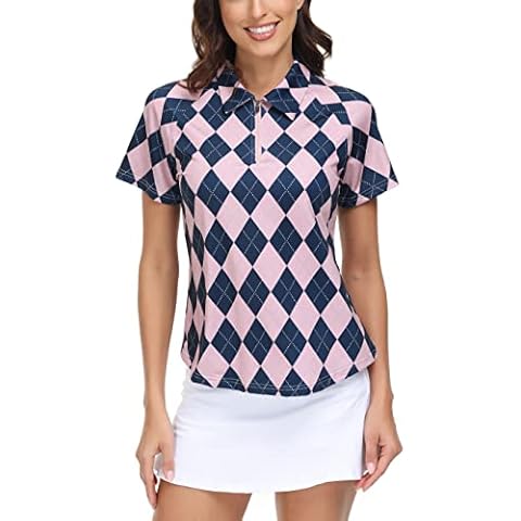 TrendiMax Women's Short Sleeve Golf Polo Shirt Half Zip Dry Fit Athletic Workout Tank Tops, Short Sleeve Navy & Pink Plaid 1 Piece, S Cover