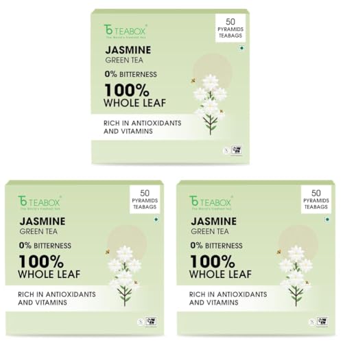 Image of Teabox Jasmine Green Tea | 50 Pyramid Whole Leaf Teabags | Natural Jasmine Aroma | Premium Blend Sourced from Madurai (Pack of 3)