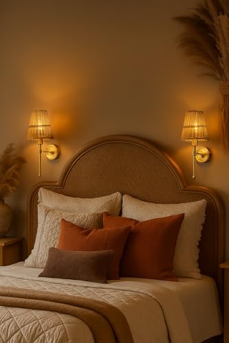 Image of AKWAY Antique Brass Finish Wall Lamps for Living Rooms with Bamboo Shade | Rattan and Cane Wall Lights for Bedroom | Wicker Wall scones - (Wicker Conical - Janya)