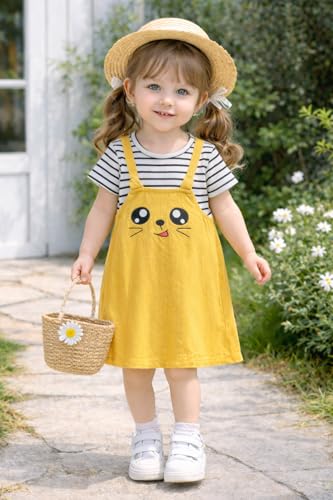 Image of Bold N Elegant Multicolor Stripe Cartoon Face Summer Tunic Pinafore Pinny Midi Dress Frock for Infant Toddler Baby Girls