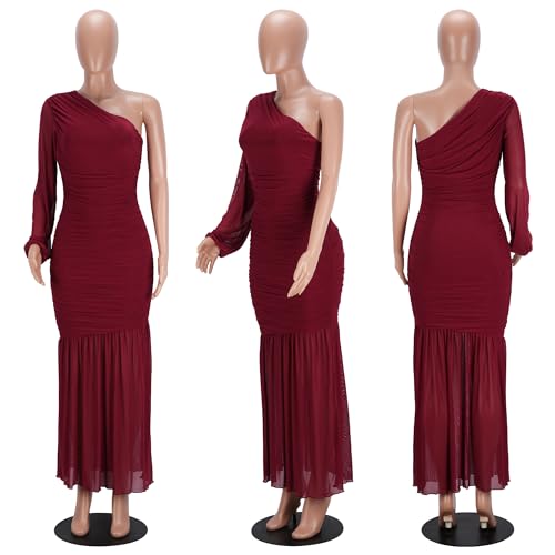 Image of Jigfar Women Sexy Elegant Sheer Mesh One Shoulder Ruched Single Sleeve Bodycon Formal Party Night Maxi Dress(6016,Wine Red,M)