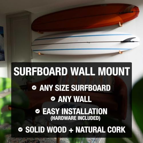 Image of Ho Stevie! Surfboard Wall Mounts - Real Wood Racks + Cork Padding - Display Any Surf Board - Easy Installation