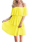 Soesdemo Women's Casual Off The Shoulder Sleeveless Tiered Ruffle Pleated Short Party Beach Dress Yellow, Small