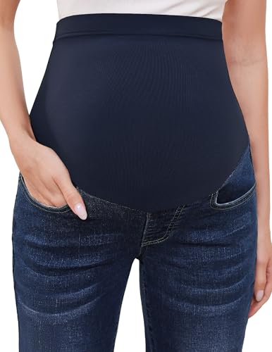 Image of GLAMIX Women's Stretch Maternity Bootcut Jeans with Pockets Over The Belly Bell Bottoms Flare Denim Pants Pregnancy Clothes