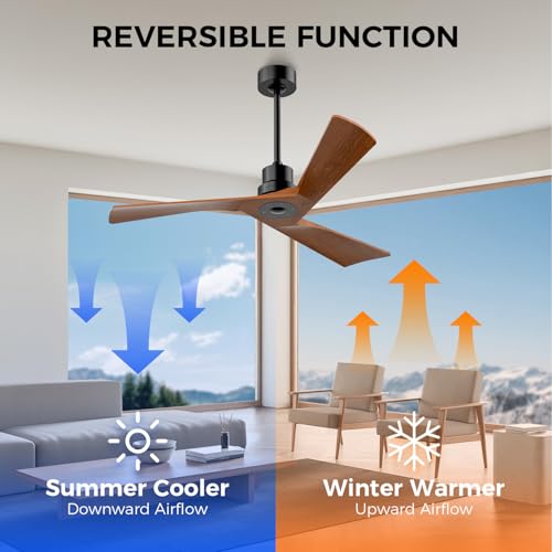 Image of Obabala Ceiling Fan 52 Inch with Remote, Solid Wood Blades DC Motor 5000 CFM Quiet 35dB, Reversible 6 Speed Modern Farmhouse for Bedroom Living Room Indoor Outdoor, No Light with Downrod