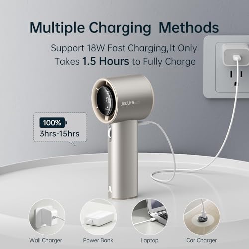 Image of JISULIFE Handheld Fan Pro1 S with Digital Display, Lanyard, 100 Speed Adjustable for Travel /Camping /Outdoor, Gift for Women /Men 5000mAh (Light Brown)