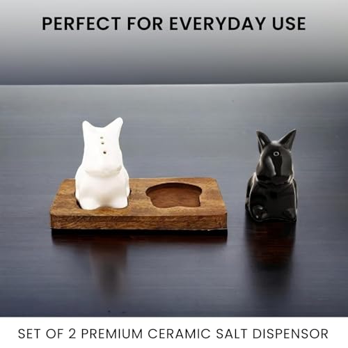 Image of KITTENS 'Hopper Duo' Handpainted Rabbit Shaped Ceramic Salt & Pepper Shaker Set - Black & White - Set of 2 - Food Grade Decorative Tableware for Dining, Kitchen & Gifting