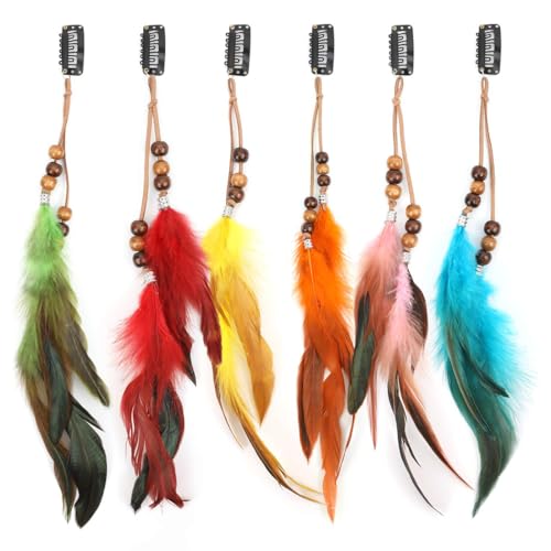 6 Pièces Pinces à Cheveux Plumes, Boho Pinces Cheveux Plumes, Extensions de Cheveux Indien, Boho Hippie Plume Festival Chapeaux Cosplay Accessoires Coiffure,...