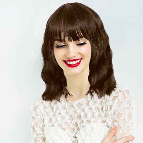 SKHAOVS Curly Fancy Dress Wig With Hair Bangs - Short Wavy Synthetic Bob for Women Cosplay Party, Halloween - Shoulder Length (Brown) - Image 4