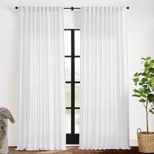 Image of XTMYI 70 Inch Wide White Back Tab /Hook Belt Linen Cotton Sheer Curtains for Bedroom,2 Panels,96 Inch Length