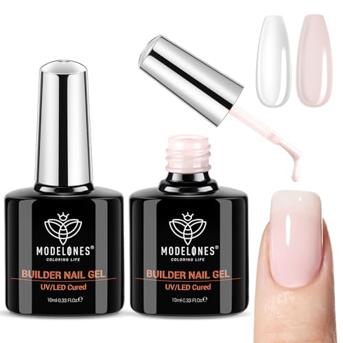 modelones Builder Nail Gel, 2 Pcs Clear and Cover Nude Builder Nail Polish, 8-in-One Apex Building...