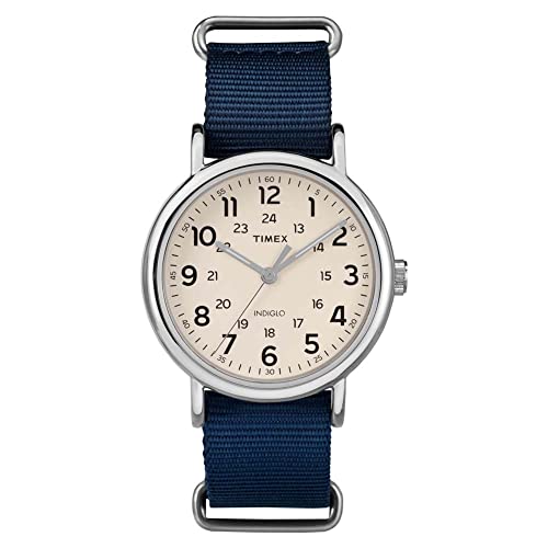 Timex Men's Weekender 40mm Watch – Silver-Tone Case Cream Dial with Blue Fabric Slip-Thru Strap