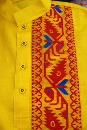 Image of Men's Cotton Jamdani Kurta for Festive, Casual Wear | Traditional Bengali Style Long Kurta | S to XL Size | White, Yellow, Blue Color Options
