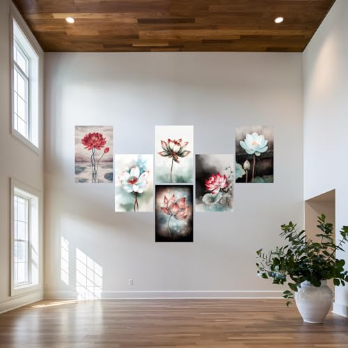Image of SiddArtify Lotus Flower Wall Art Prints Set - Botanical Poster Decor for Living Room Bedroom Office - 12x18 inch Board Pack of 6