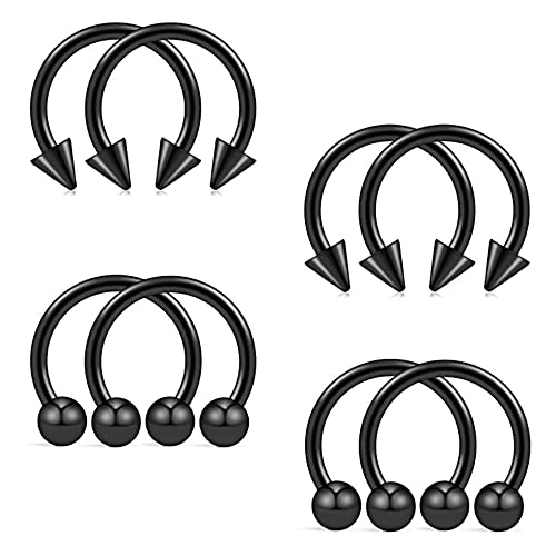 8 Piezas de Acero quirúrgico Ballamp; Spike Herradura Nariz Septum Piercing Anillo Negro Set Bola Cono Durable and Clever