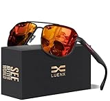 LUENX Óculos de sol aviador para homens, lentes polarizadas quadradas, polígono - proteção UV 400 com acessórios 61 mm para dirigir ao ar livre, Lente vermelha laranja/armação preta fosca e braço,