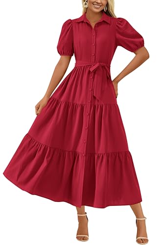MASCOMODA Womens Summer Dresses 2025 Short Sleeve Maxi Dress Casual V Neck Button Down Tiered A Line Flowy Midi Shirt Dress(Red,Large)
