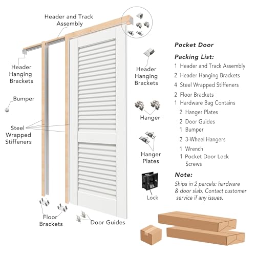Image of 18 inch x 80 inch Sliding Pocket Door, Louvered Pantry Doors with Frame and Hardware Kit, Interior Door, White Primer Closet Doors - No Panel Assembly Required