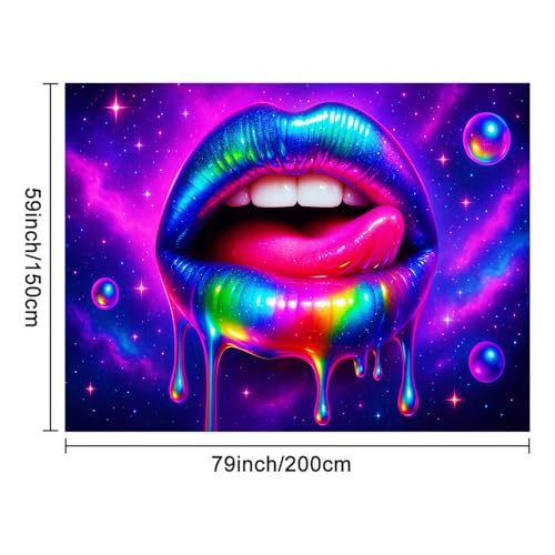 Image of BlissYard Neon Lips Galaxy Blacklight Tapestry Glow In The Dark UV Reactive Wall Hanging With Psychedelic Space Drip Poster Black Light Tapestries For Bedroom Party Decor 78x59 Inch