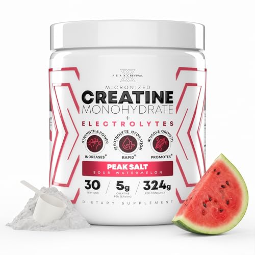 Image of Peak Revival-X Creatine Monohydrate Powder + Electrolyte Hydration Salt Powder, Sour Watermelon - Gluten-Free, Vegan, Non-GMO Supplement, 5000mg (5g) Per Serving, 30 Servings, 324g Per Container