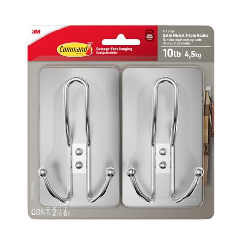 Image of Command X-Large Satin Nickel Triple Hooks, 2 Hooks, 6 Strips