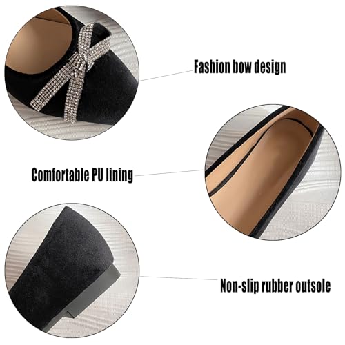 AMAZIDEAL Women's Rhinestone Bow Casual Flats,Suede Pointed Toe Slip-On Ballet Flat Shoes,Comfort Dress Wedding Party Shoes3