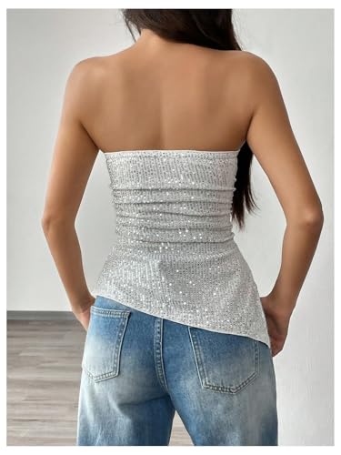 SweatyRocks Women's Glitter Sequin Strapless Tube Top Ruched Sleeveless Asymmetrical Bandeau Tops2