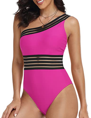 Hilor Traje de ba o de una pieza para mujer, adelgazante, con un hombro, sexy y hueco, monokini, Rosa encendido, 48 Cover