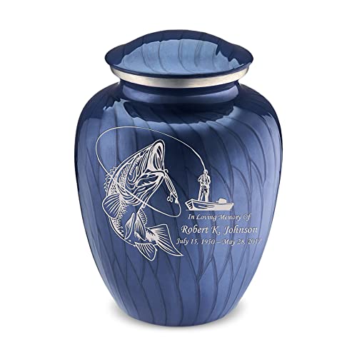 Geturns Embrace Adult Personalized Fishing Cremation Urns for Human Ashes I Large Pearl Cobalt Blue Funeral Urn for Men and Women I 200 lbs