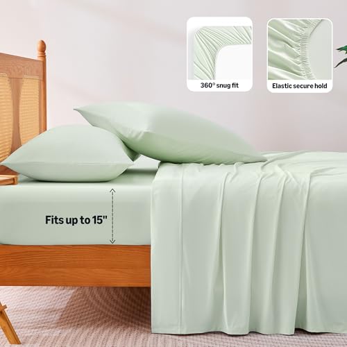 Image of Amazon Basics Cooling Sheets, 4-Piece Bed Sheet Set for Summer, Soft and Breathable for Hot Sleepers, Bedding with 1 Deep Pocket Fitted Sheet, 1 Flat Sheet, and 2 Pillowcases, Full, Aloe Green