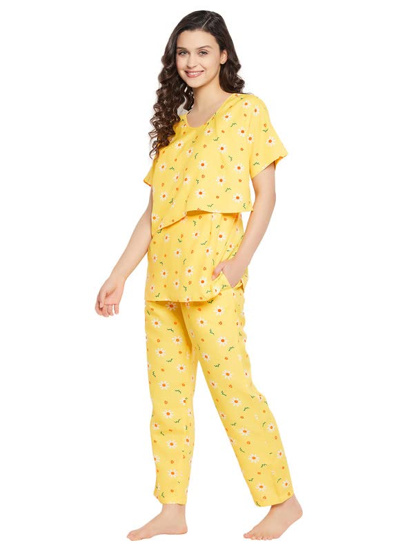 Image of Clovia Women's Rayon Rayon Feeding Print Me Pretty Layered Top & Pyjama In Yellow