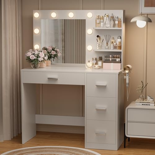 Image of YESHOMY Vanity Desk with Mirror, 10 Lights, Power Outlet and 3 Storage Shelves, Makeup Table with 4 Drawers, 3 Color Modes, for Bedroom, White