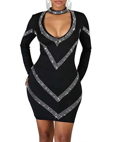 Porrcey Woman Sexy Hot Diamond Craft Sexy Long Sleeve Dress Party Club Night Dress (Fx82,Black,L) #TOP17