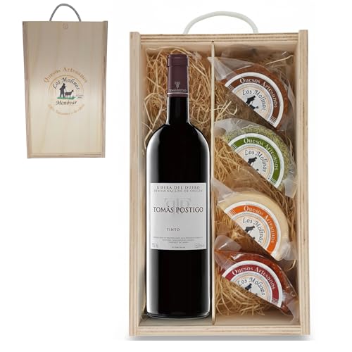 Estuche Gourmet 4 Quesos Artesanos de Leche Cabra con Botella Vino Tinto Tomas Postigo | Caja de Madera | Queso Semicurado, Romero, Pimentón y Curado | Regalo Gastronómico | Ganadería Propia