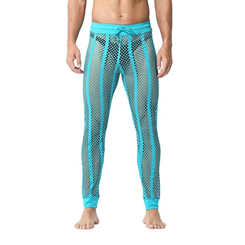 Men's Mesh Fishnet Pants See Through Stretchy Muscle Leggings Drawstring Sleep Lounge Thermal Bottoms