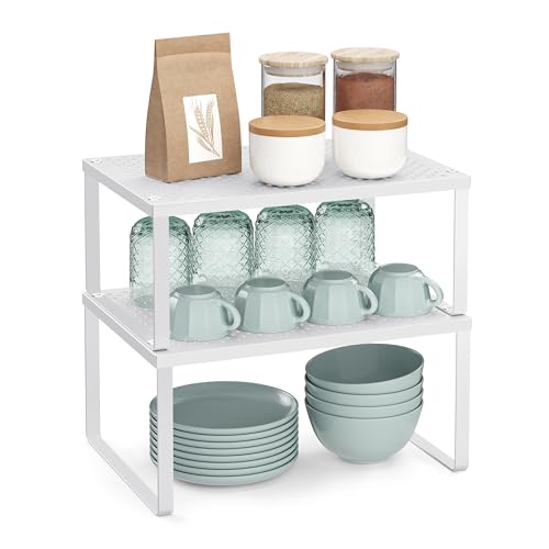 SONGMICS Spice Racks Set of 2 Cupboard Organisers Kitchen Storage Stackable Expandable Metal Counter Shelves White KCS01WT