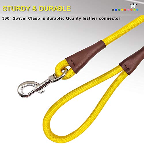 SEPXUFORE 6FT/8FT/10FT Rope Dog Leash, 10+ Colors Classic Leash, 1/4” and 1/2” Strong Nylon Climbing Leash with Leather Tailor Connection, for Small Medium Large Pets (1/2\" x 6\', Yellow)