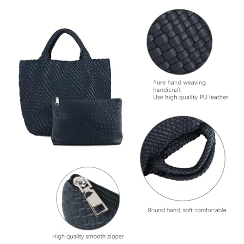 Image of Women's Vegan Leather Tote Bag - Handmade Woven Beach Bag, Travel Handbag with Purse & Top Handle Hobo Tote(Navy blue)