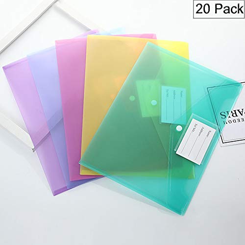 20 Pack Poly Envelopes Plastic Waterproof Document Envelope Folder with Snap Button Closure, Label Pocket US Letter A4 Size File Envelopes for School, Home, and Office Organization, 5 Assorted Color