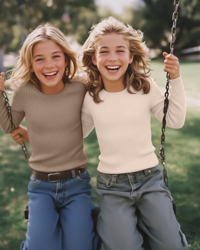 Image of 4 Pack Girls Long Sleeve Shirts Ribbed Knit Cotton Crewneck Tops Slim Fit Soft Casual Kids Base Layer Undershirts