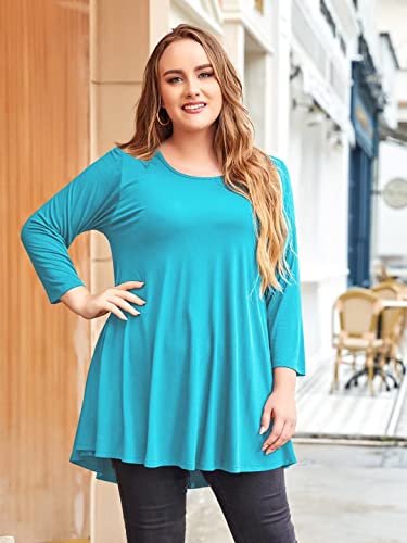 Larace 3/4 Sleeve Shirts For Women Plus Size Tunic Dressy Top Loose Fit Flare T-Shirt(L, Lake Blue) #TOP2