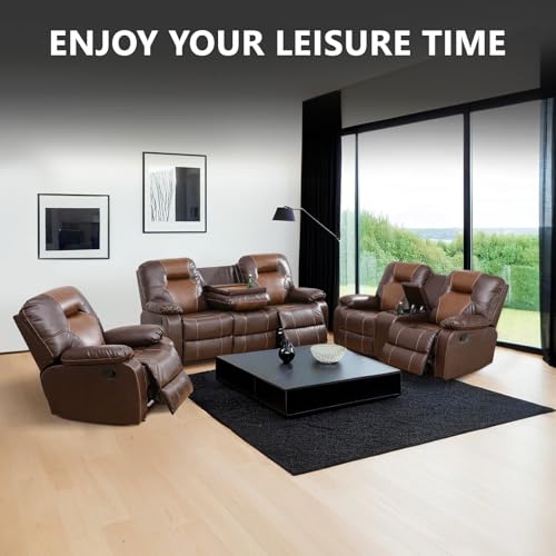 3-Piece Manual Leather Recliner Sofa Set Comfortable Wide Lazy Leather Furniture With Sofa, Chair and Loveseat with Cup Holder Storage Console and Reversible Table for House/Office/Apartment Brown