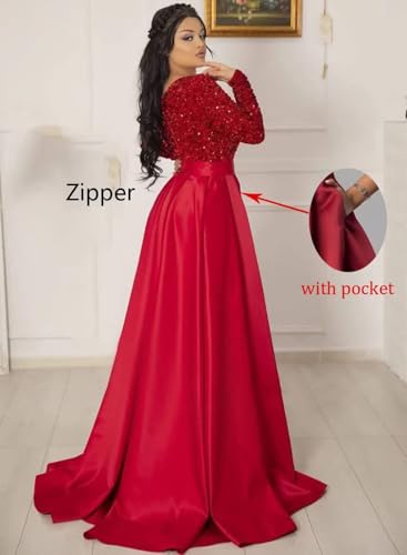 V Neck Satin Ball Gowns for Women Formal Sequin Prom Dresses with Slit Maxi Long Sleeve Evening Gown with Pockets4
