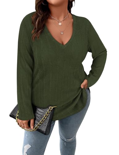 Image of Koscacy Women Plus Size Casual Knit Sweater V Neck Solid Color Tops Lightweight Long Sleeve Blouses