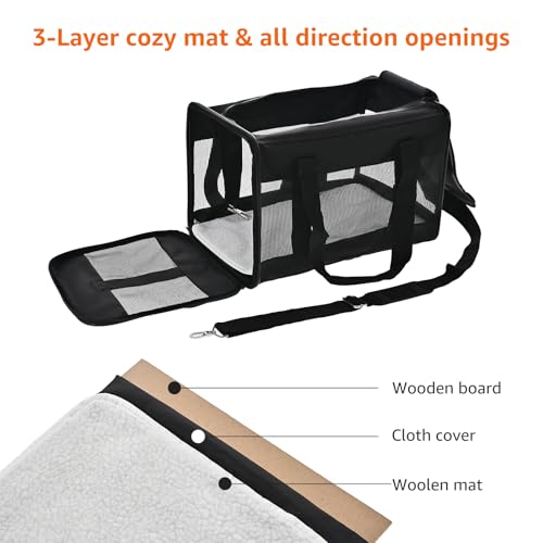Amazon Basics Airline Approved Soft-Sided Mesh Pet Travel Carrier with Shoulder Strap, Portable, Washable Removable Fleece Pad for Dog, Cat, up to 16 pounds, 16.5" L x 10.6" W x 11" H, Black view 3